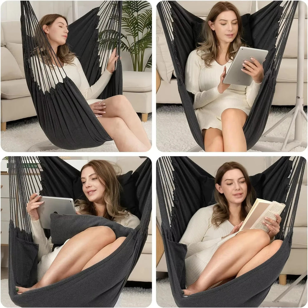 🌿🤍 Boho Cotton Hammock Chair – Hanging Swing Seat for Indoor & Outdoor Living