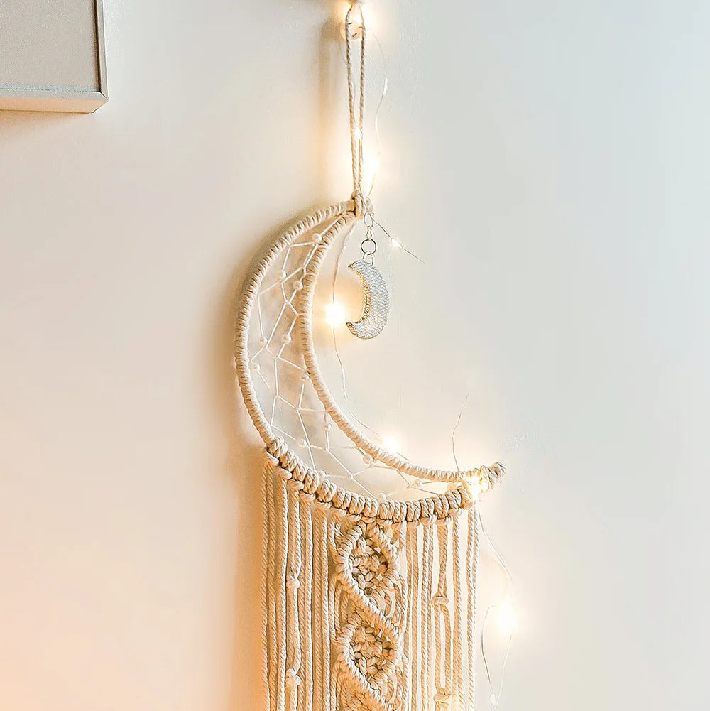 🌙🌿🤍 Boho Moon and Stars Macramé Dream Catcher – Handwoven Nursery Wall Hanging