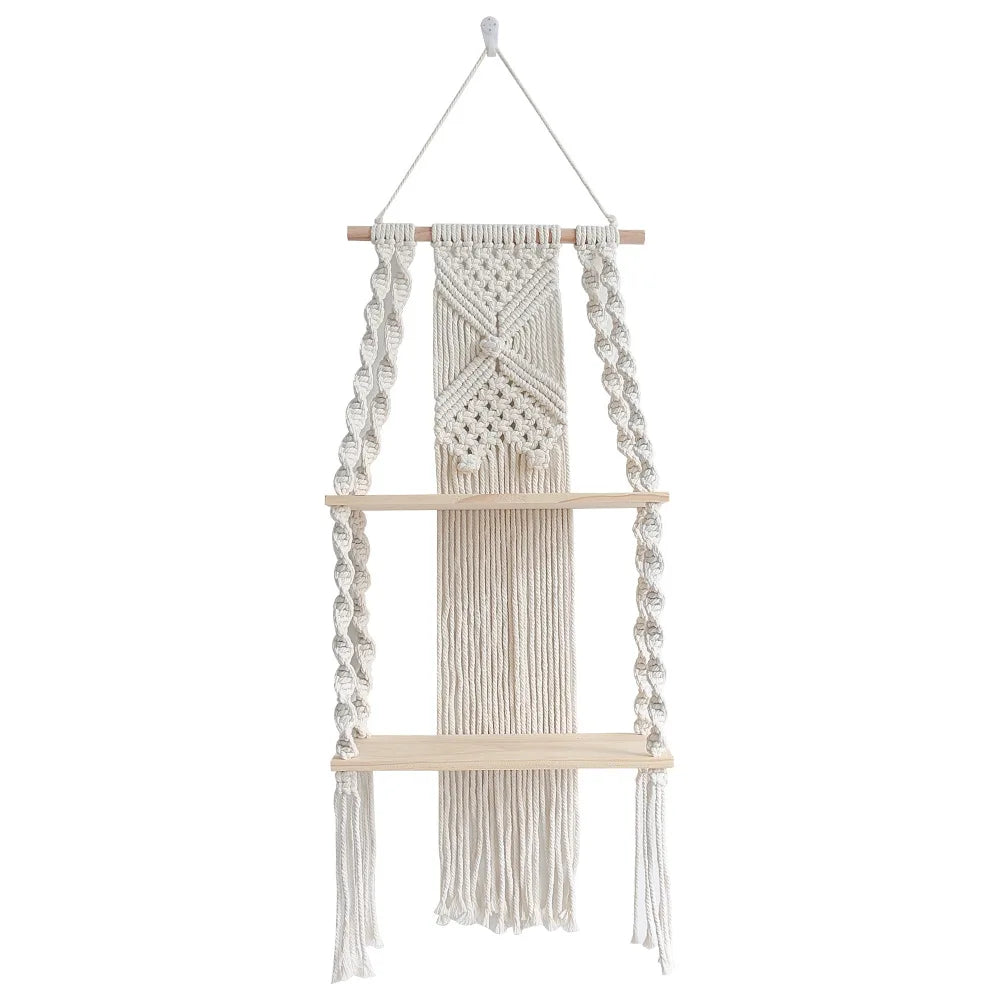🌿🧺 Boho Macramé Wall Shelf – Handwoven Hanging Wooden Display Shelf