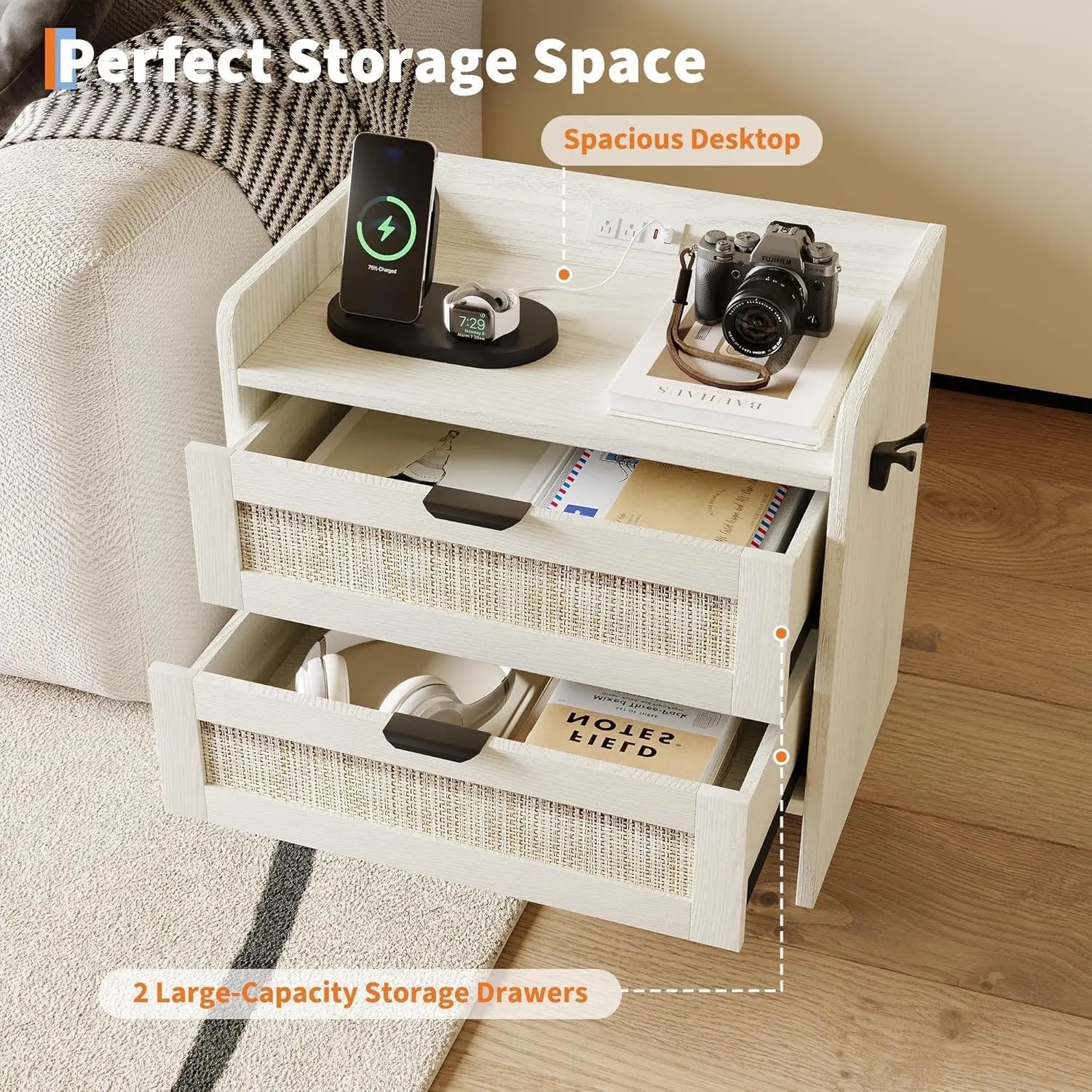 🌿🤍 Boho Rattan Nightstand Set with Charging Station – 2-Drawer Bedside Tables (Set of 2)