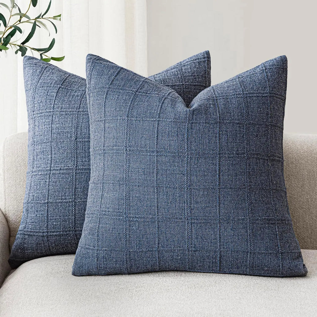 🌿🤍 Natural Linen Check Pillow Cover – Boho Farmhouse Decorative Cushion
