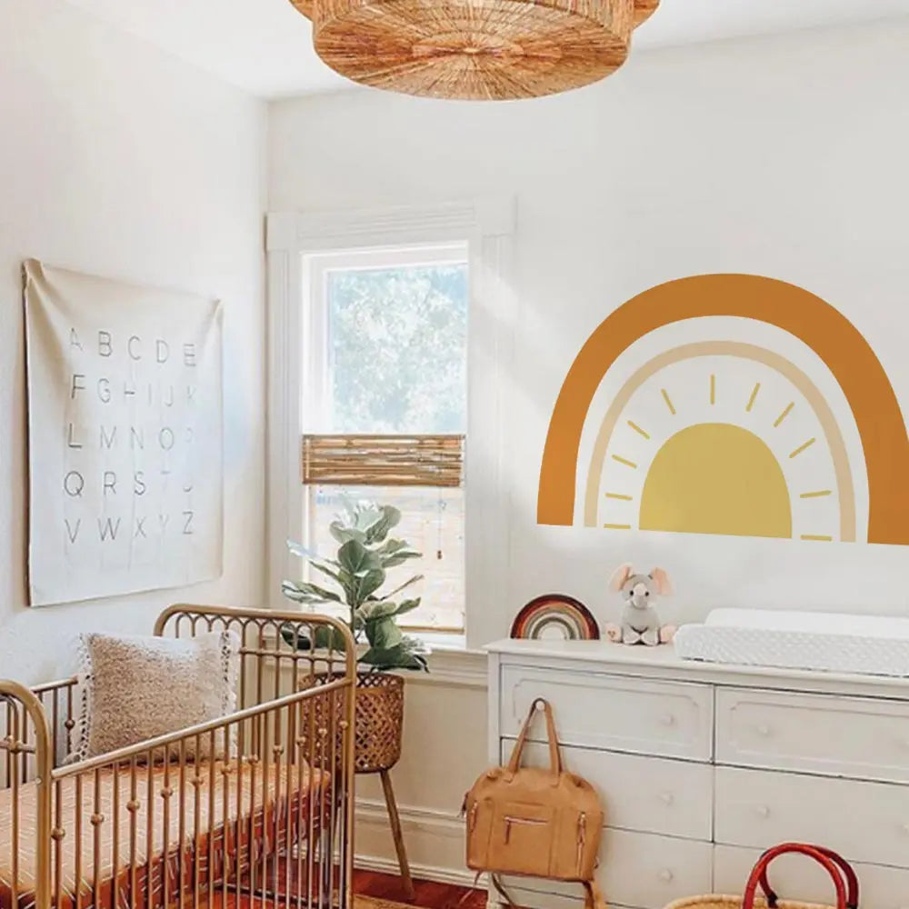 ☀️🌿🤍 Boho Half Sun Wall Decal – Peel & Stick Nursery & Bedroom Wall Art