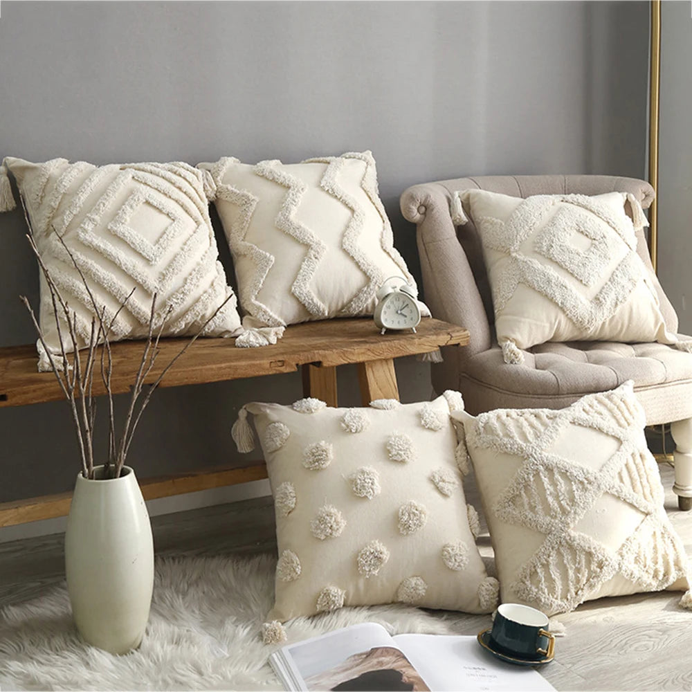 🌿🤍 Boho Tufted Lumbar Pillow Cover – Moroccan Embroidered Accent Cushion