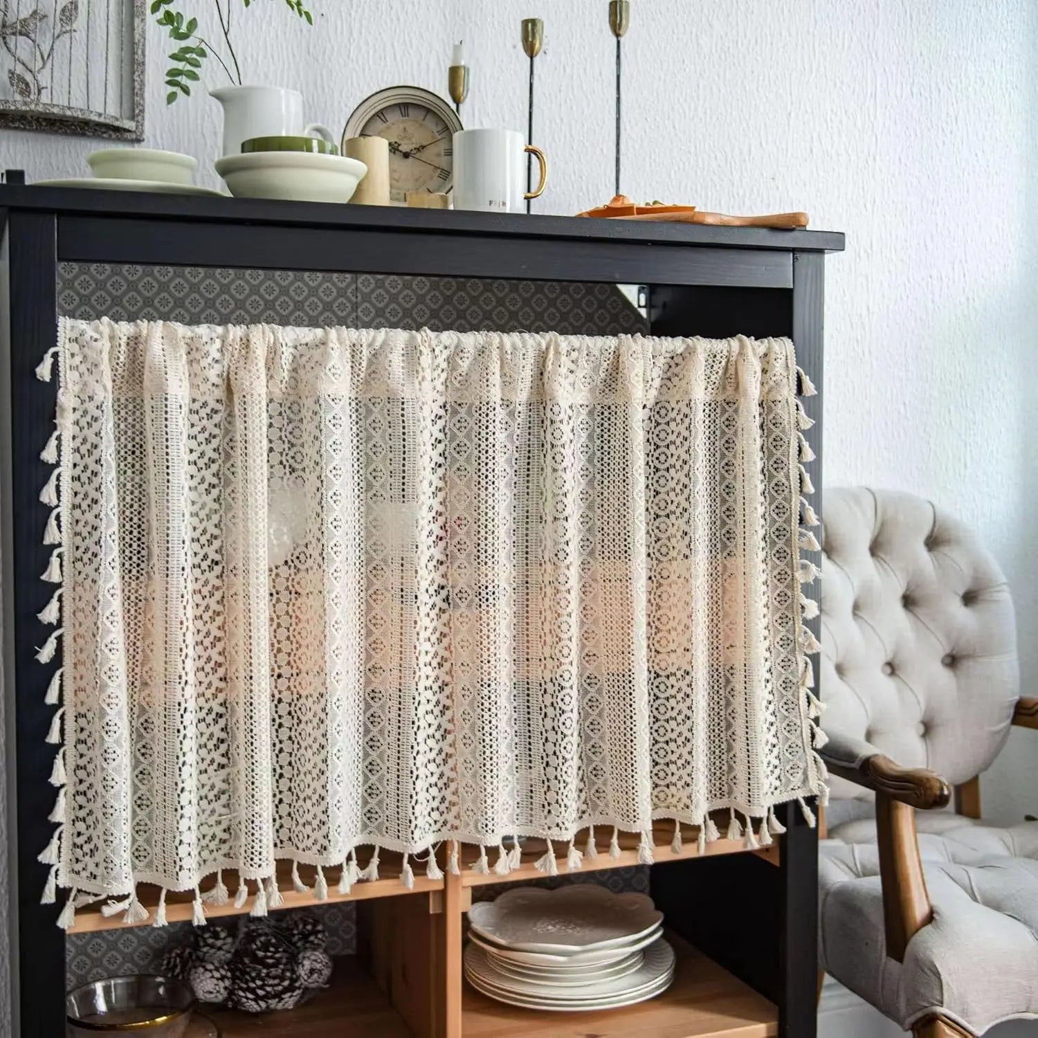 🌿🤍 Boho Lace Café Curtain – Tassel Short Window Curtain with Circular Pattern