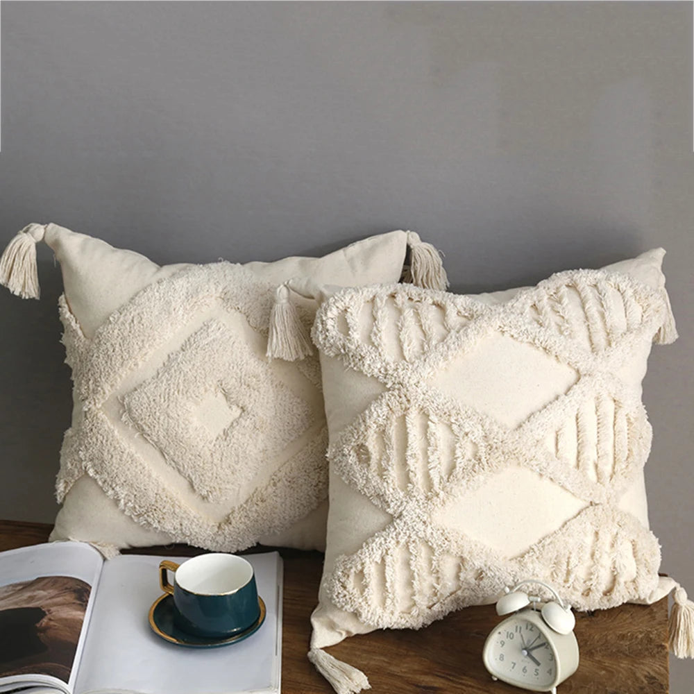 🌿🤍 Boho Tufted Lumbar Pillow Cover – Moroccan Embroidered Accent Cushion