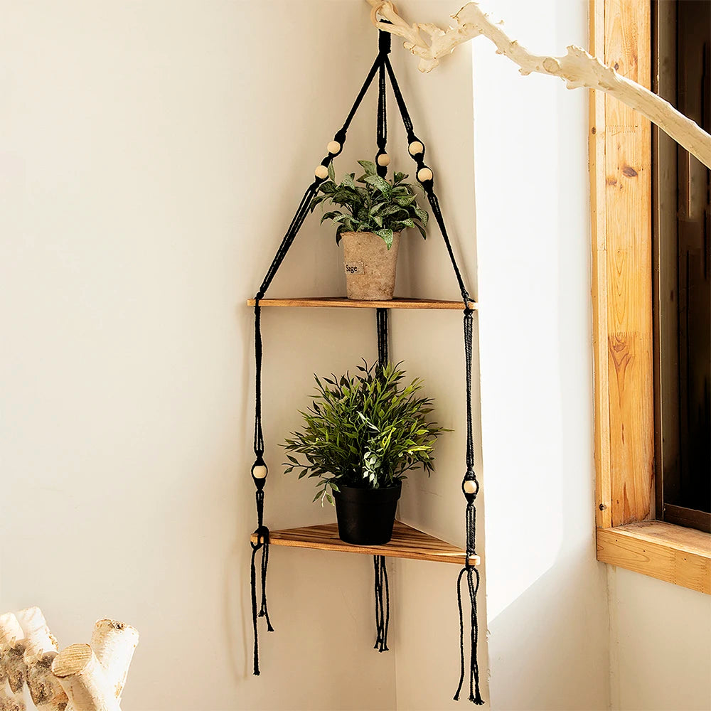 🌿🪵🤍 Boho Floating Corner Wall Shelf – Wooden Triangle Display Shelf