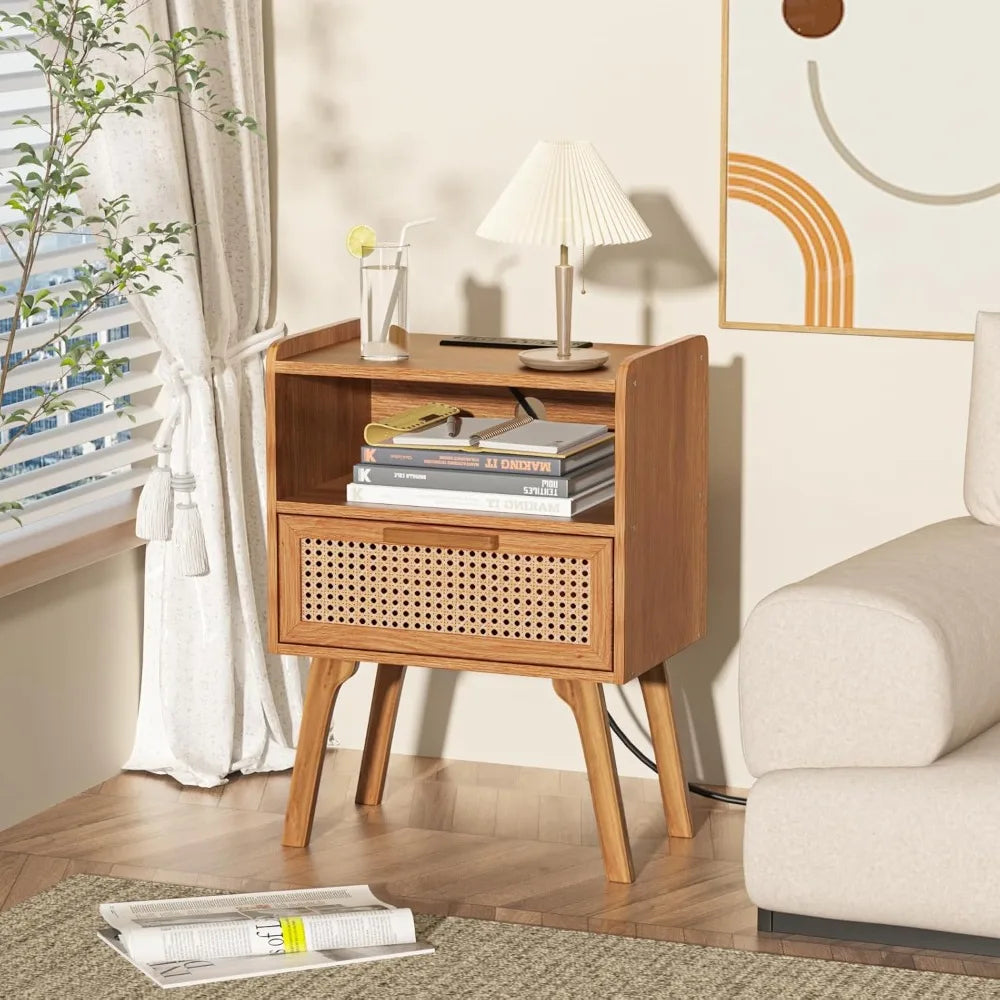 Natural Rattan Bedside Table Set with Charging Station