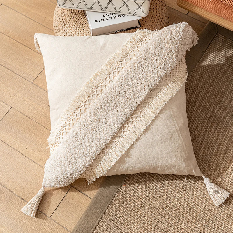 🌿🤍 Boho Cotton Tassel Pillow Cover – Natural Decorative Throw Cushion