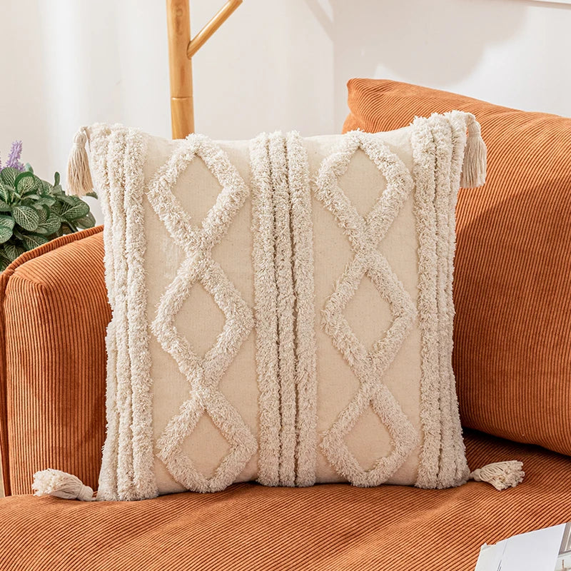 🌿🤍 Boho Cotton Tassel Pillow Cover – Natural Decorative Throw Cushion
