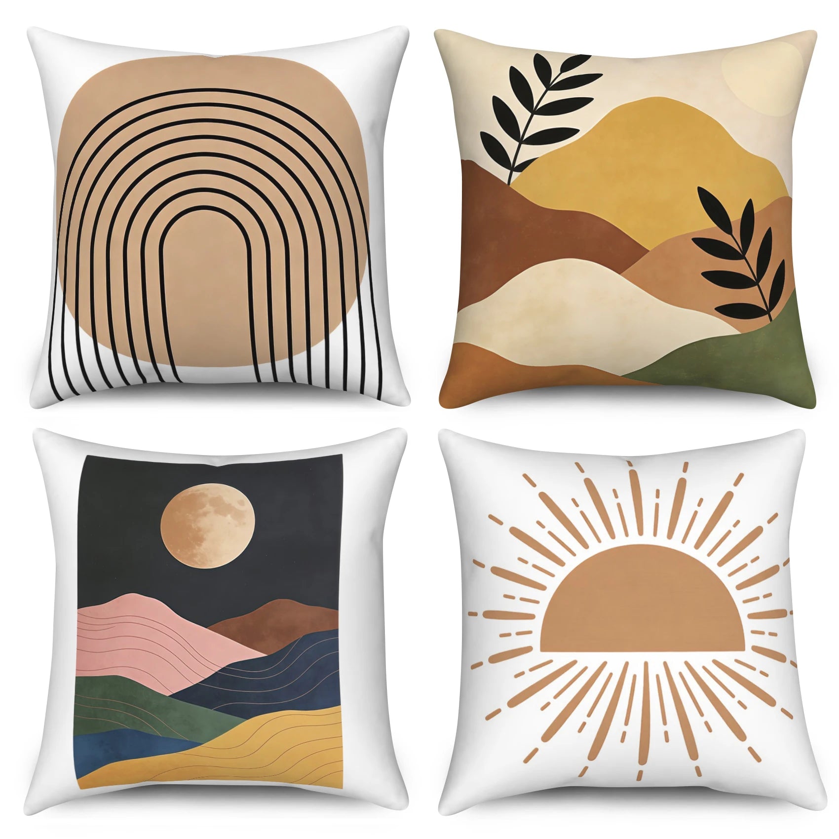 ☀️🌙🏔️ Boho Sun, Moon & Mountain Pillow Cover Set – Modern Abstract Throw Cushions (Set of 4)