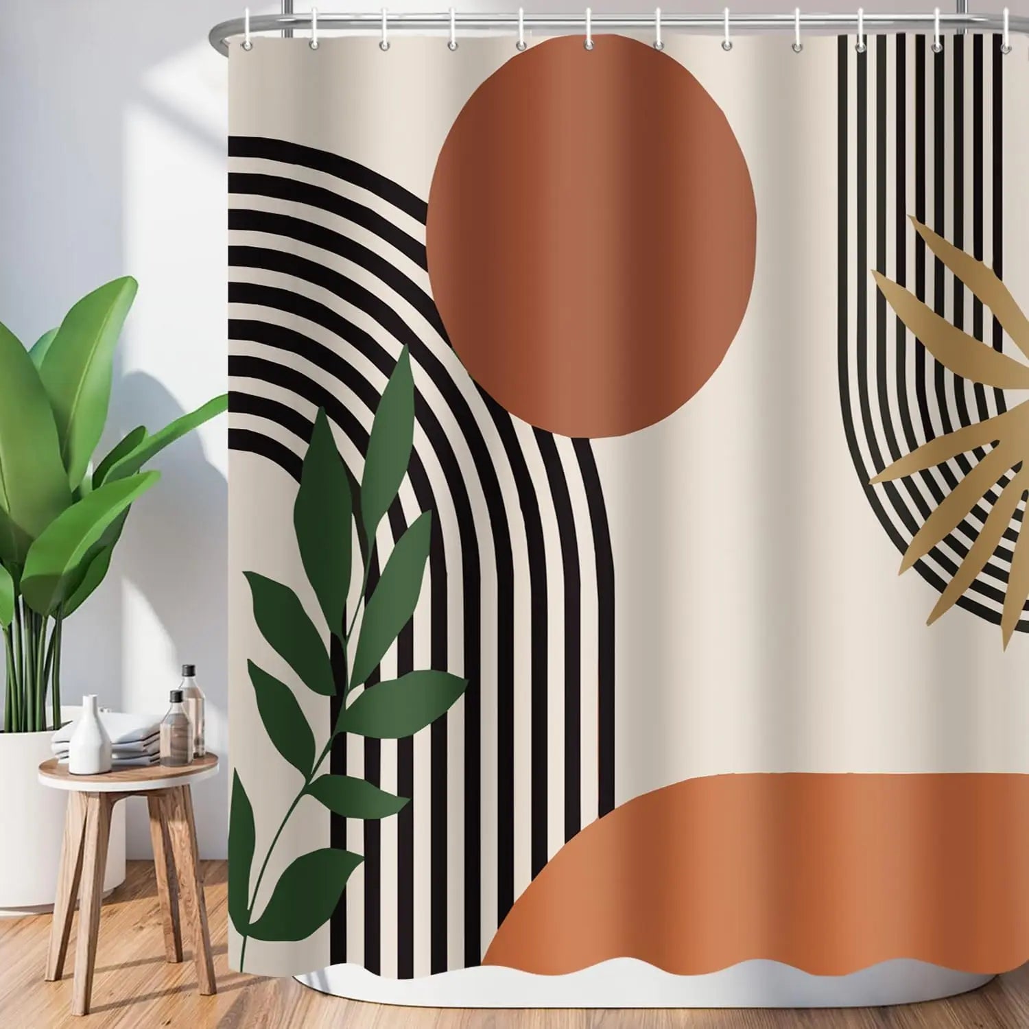 🚿🌿 Mid-Century Boho Geometric Shower Curtain – Waterproof Bathroom Décor