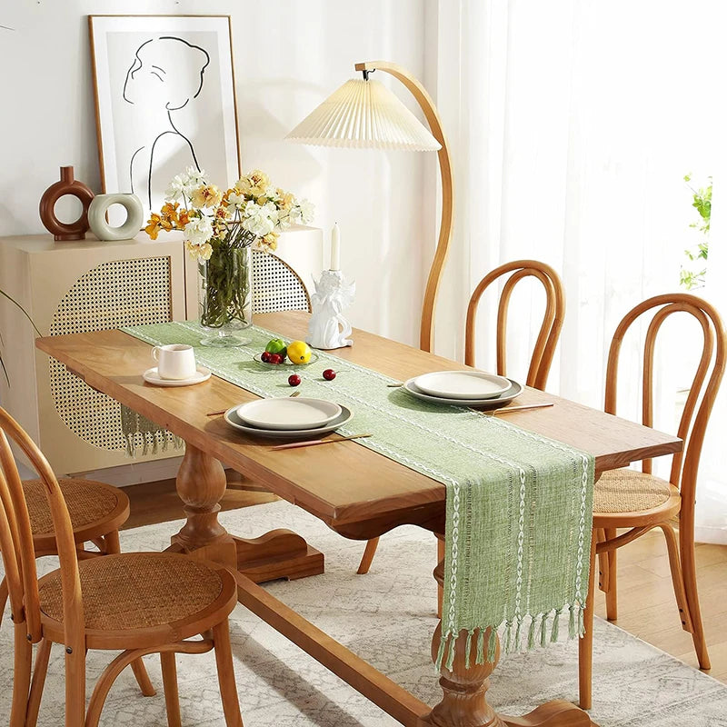 🌿🤍 Boho Table Runner – Rustic Braided Cotton Linen with Tassels