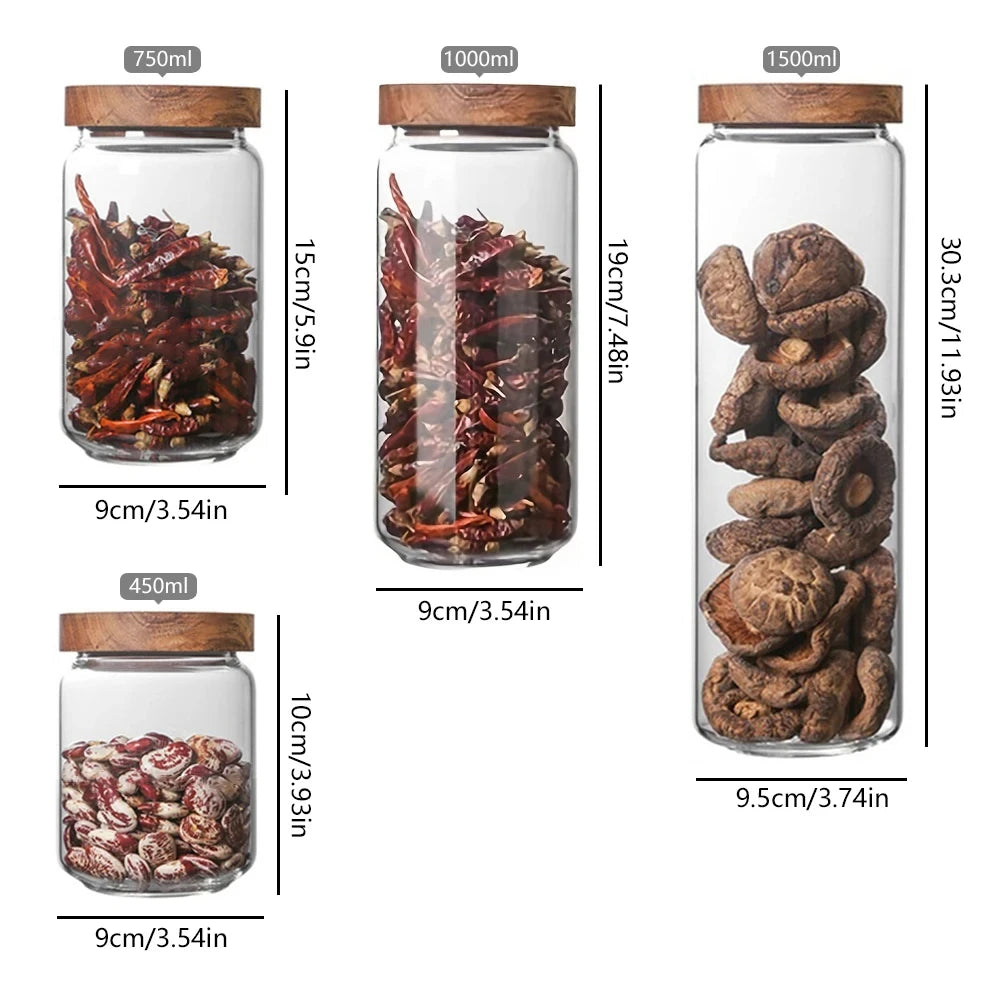 🌿 Airtight Glass Pantry Canister with Wooden Lid – Kitchen Storage Jar