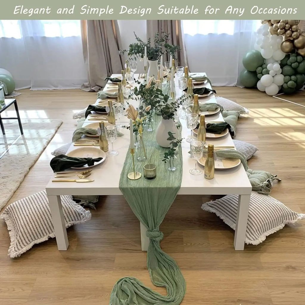 🤍🌾 Boho Cheesecloth Table Runner Set – Rustic Gauze Table Décor (10 Pieces)