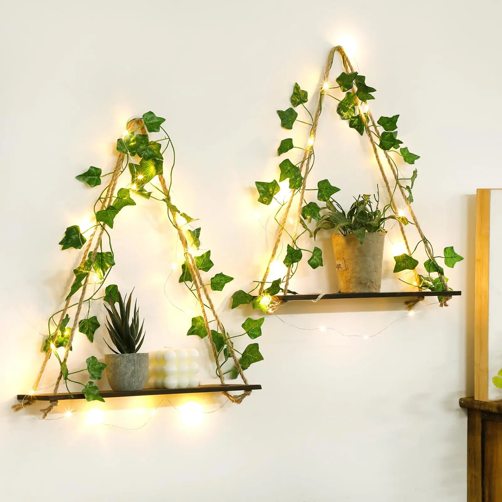 🌿🧺 Boho Macramé Floating Wall Shelf – Handwoven Wooden Hanging Display Shelf
