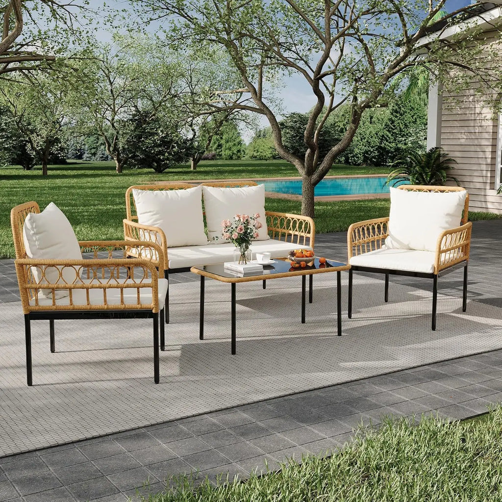 Boho Wicker Patio Conversation Set – 4-Piece All-Weather Outdoor Furniture Collection