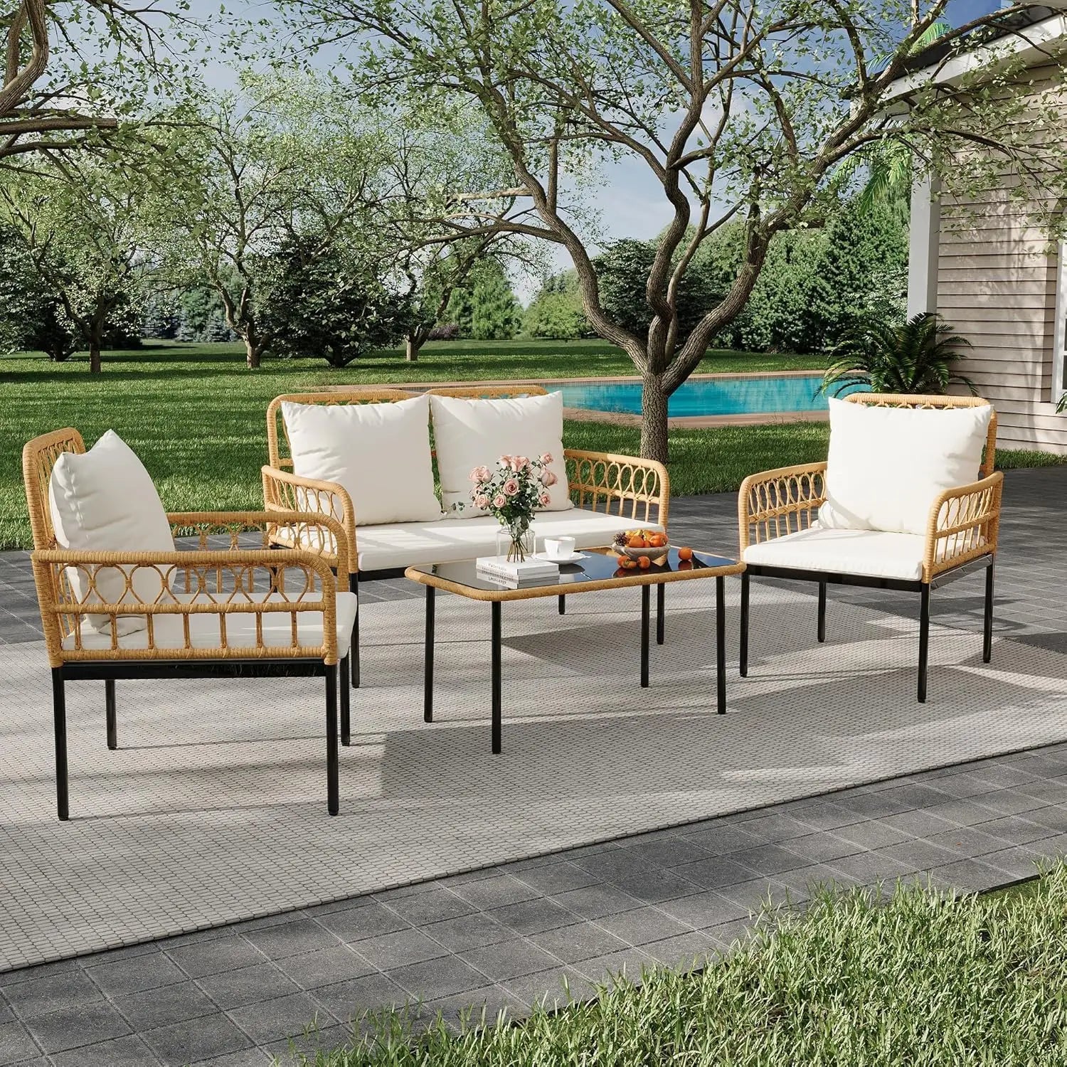 Boho Wicker Patio Conversation Set – 4-Piece All-Weather Outdoor Furniture Collection