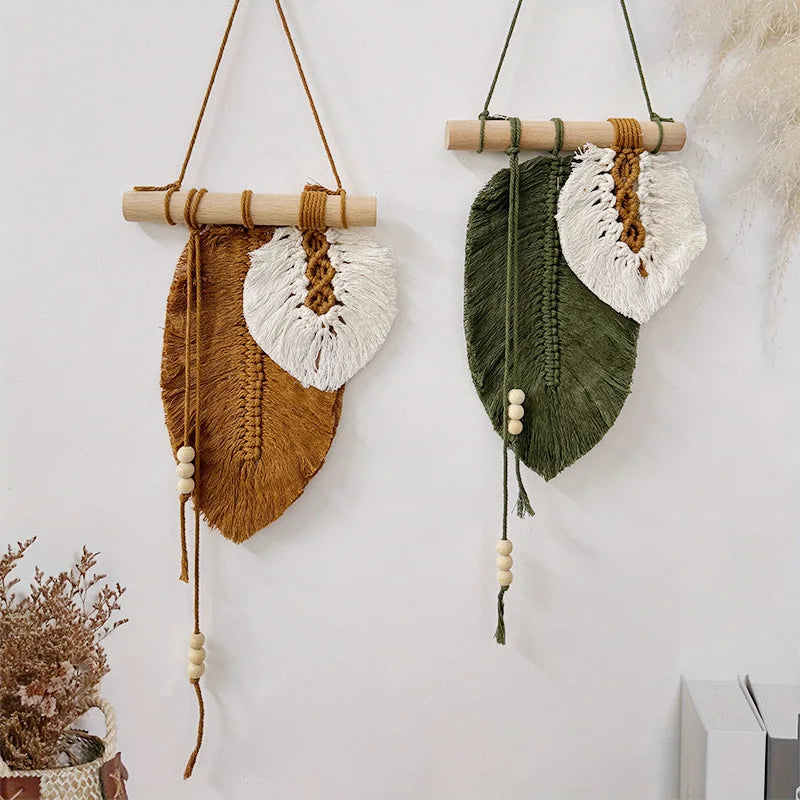 🌿🍃🤍 Boho Macramé Leaf Wall Hanging – Handwoven Botanical Tapestry Wall Art