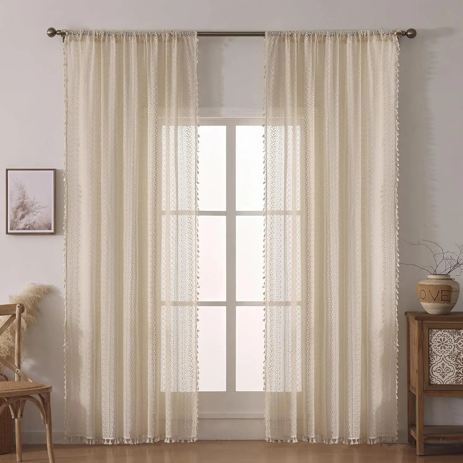 🌿🤍 Boho Tassel Sheer Curtains – Vintage Geometric Voile Window Panels