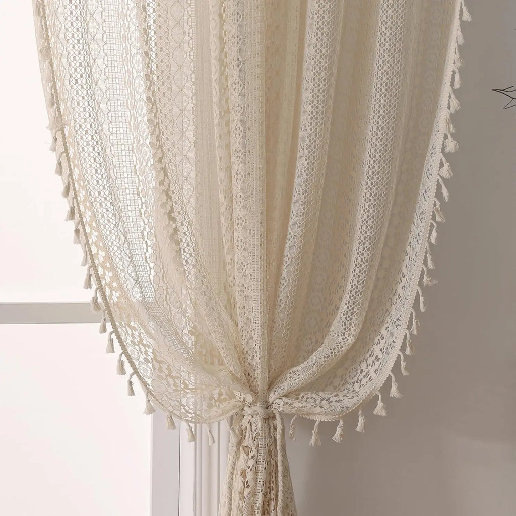 🌿🤍 Boho Tassel Sheer Curtains – Vintage Geometric Voile Window Panels