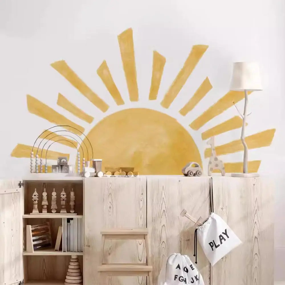 ☀️🌿🤍 Boho Half Sun Wall Decal – Peel & Stick Nursery & Bedroom Wall Art