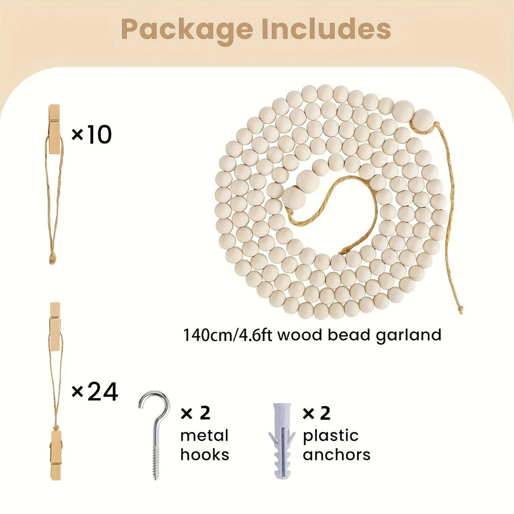📸🌿🤍 Boho Wooden Bead Photo Garland – Hanging Wall Display with Photo Clips