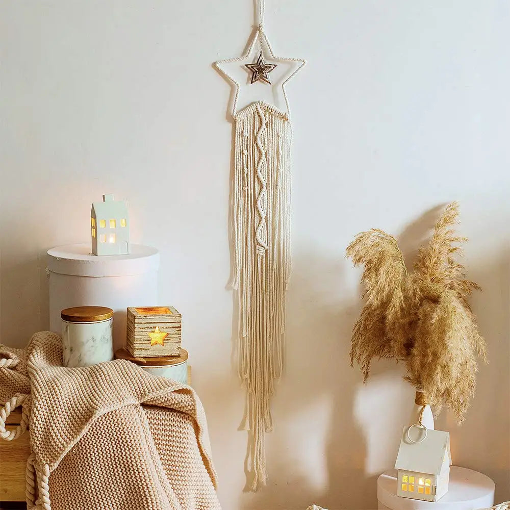 🌙🌿🤍 Boho Moon and Stars Macramé Dream Catcher – Handwoven Nursery Wall Hanging