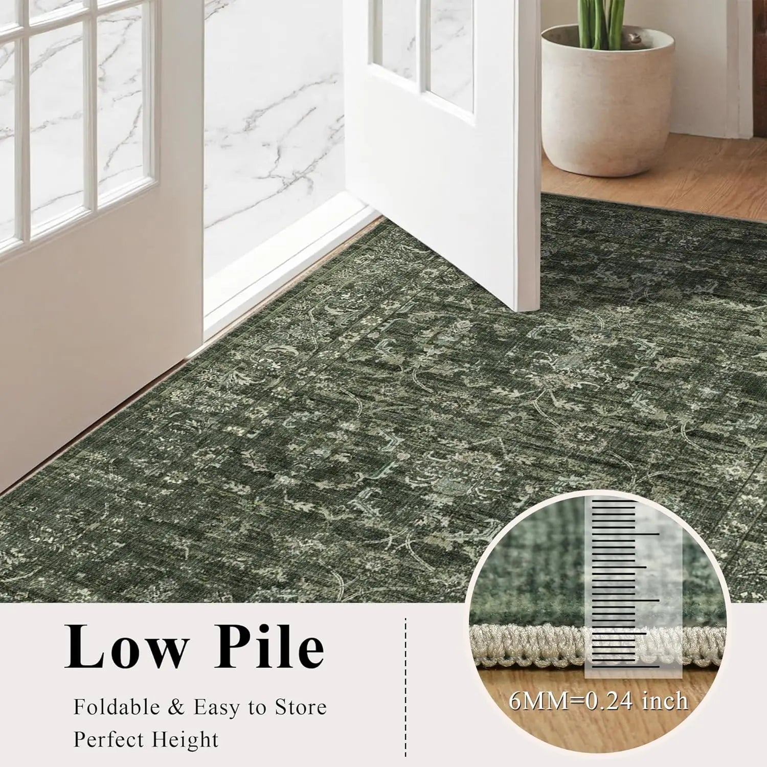 💚🌿 Vintage Floral Area Rug – Washable Green Boho Accent Carpet