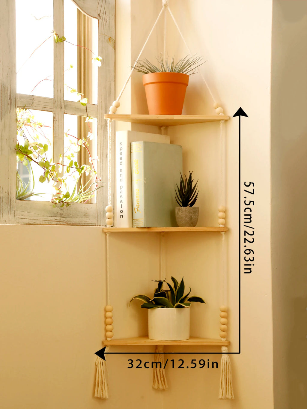 🌿🪵🤍 Boho Floating Corner Wall Shelf – Wooden Triangle Display Shelf