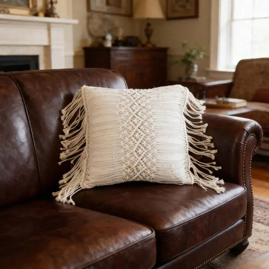 🌿🤍 Handwoven Macramé Tassel Pillow Cover – Boho Decorative Cushion