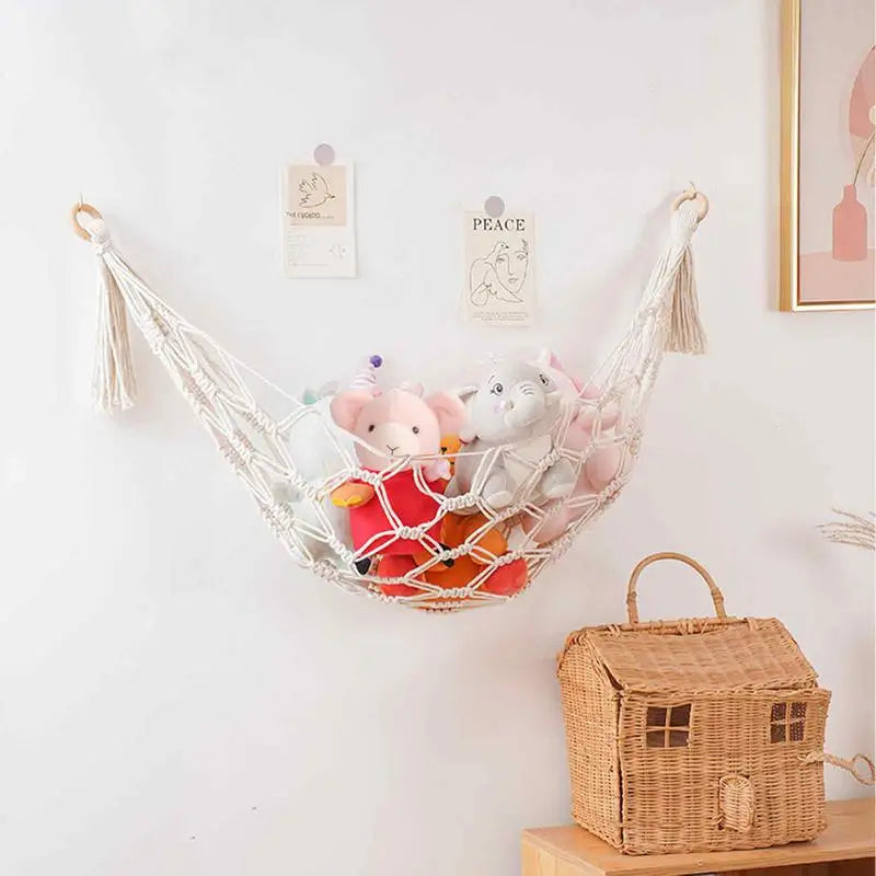 🌿🤍 Boho Macramé Toy Hammock – Hanging Stuffed Animal Storage Net