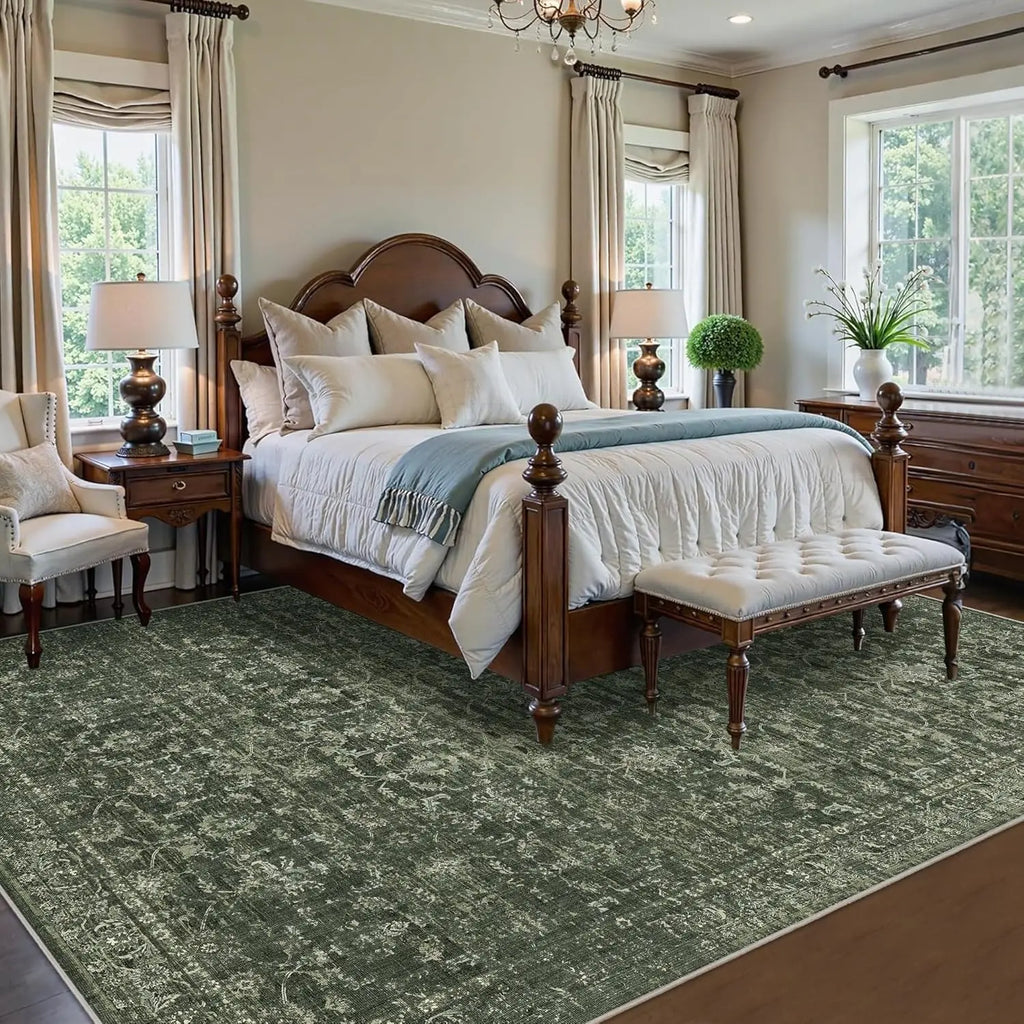 💚🌿 Vintage Floral Area Rug – Washable Green Boho Accent Carpet