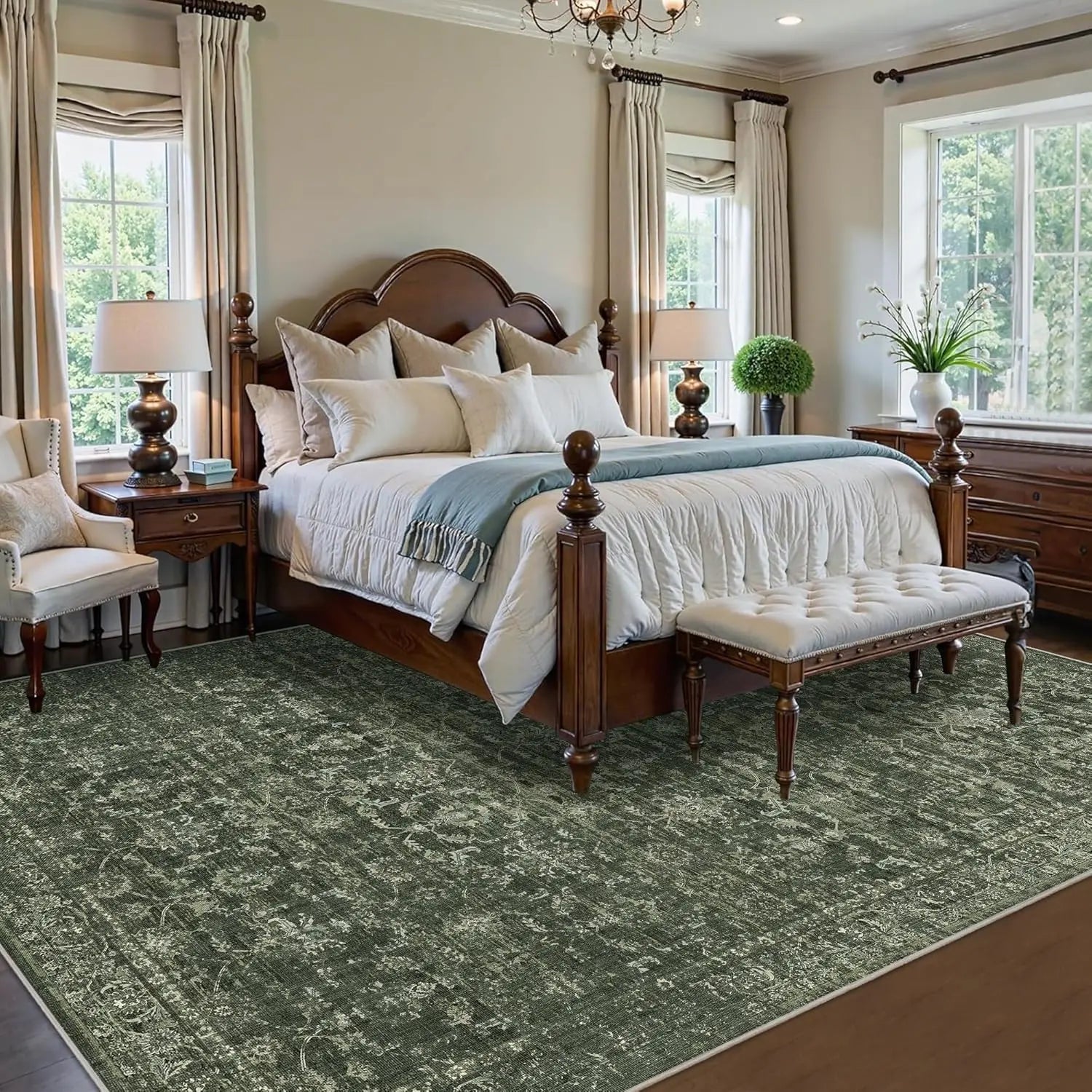 💚🌿 Vintage Floral Area Rug – Washable Green Boho Accent Carpet
