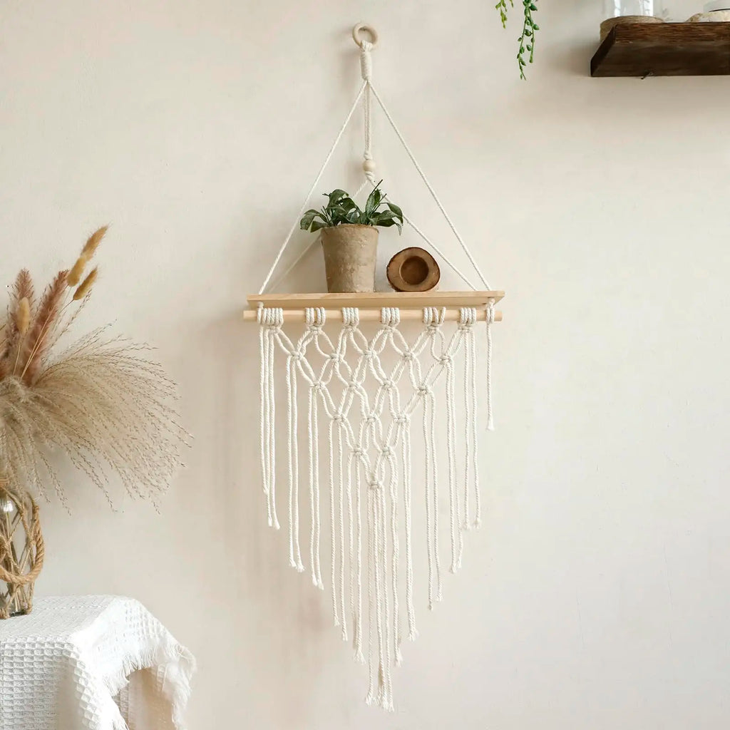 🌿🧺 Boho Macramé Floating Wall Shelf – Handwoven Wooden Hanging Display Shelf