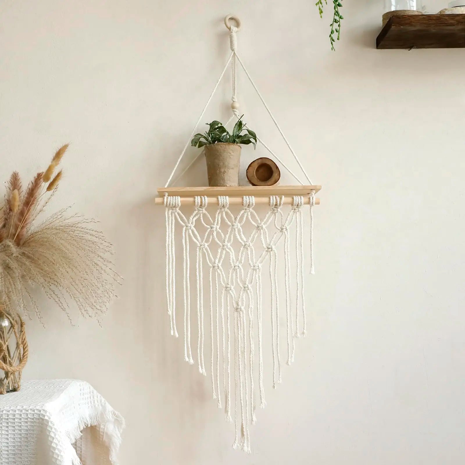 🌿🧺 Boho Macramé Floating Wall Shelf – Handwoven Wooden Hanging Display Shelf