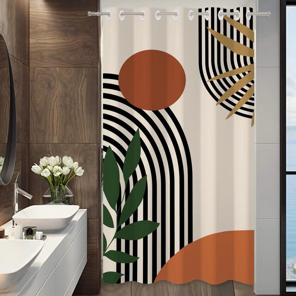 🚿🌿 Mid-Century Boho Geometric Shower Curtain – Waterproof Bathroom Décor