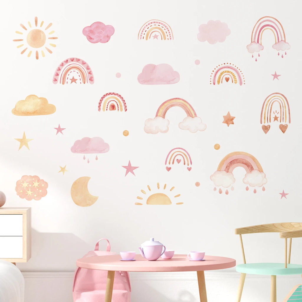 🌈☀️🤍 Boho Rainbow & Sun Wall Decals – Peel & Stick Nursery Wall Art (Set of 3)