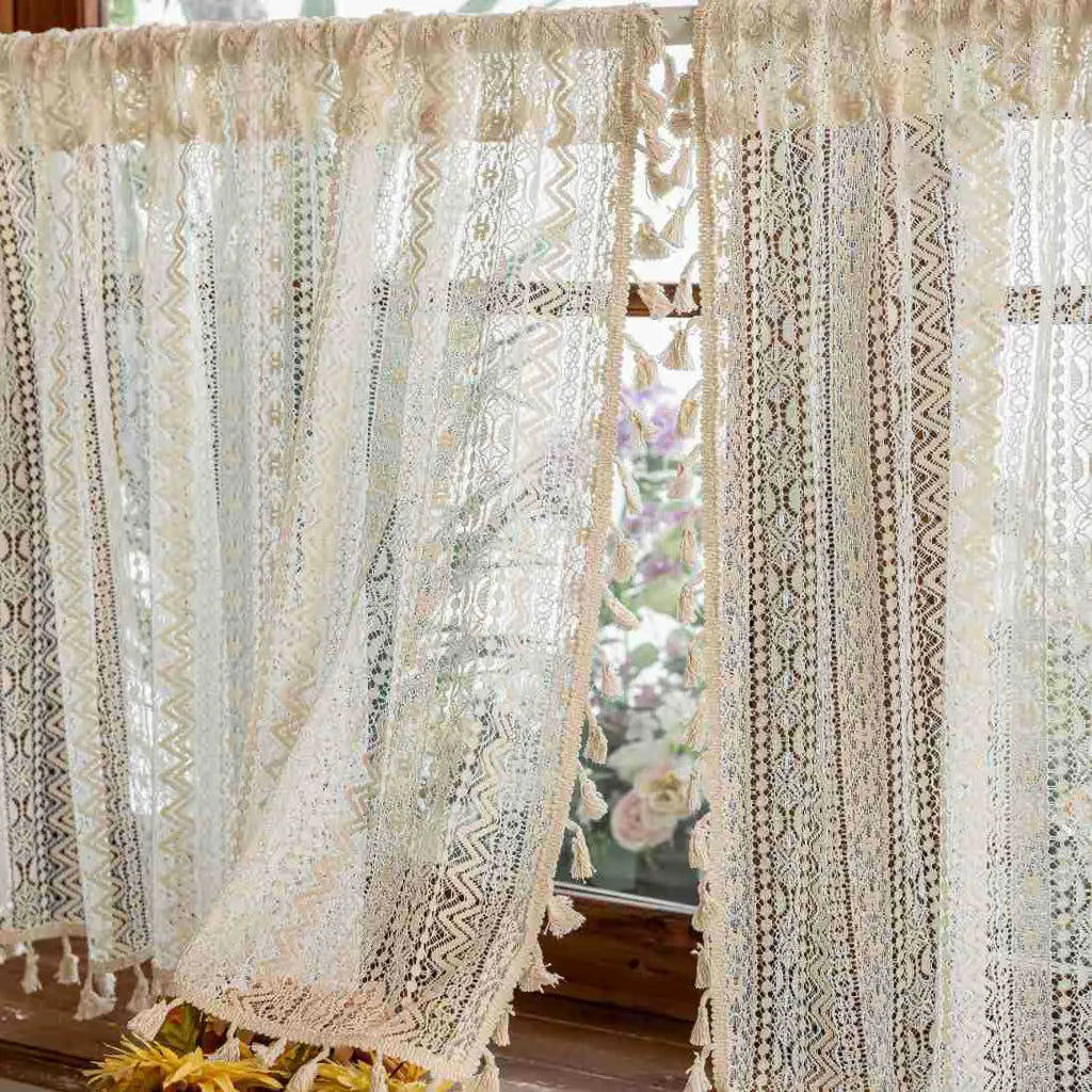 🌿🤍 Boho Lace Café Curtain – Tassel Short Window Curtain with Circular Pattern