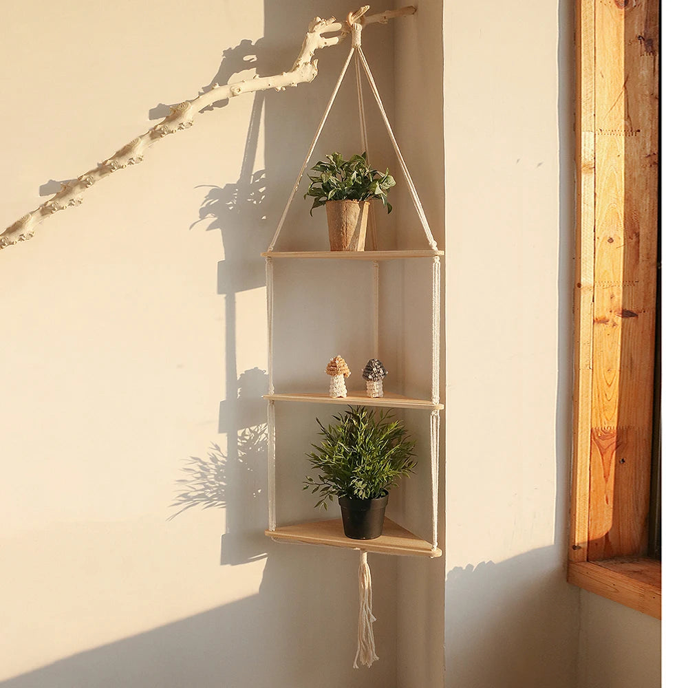 🌿🪵🤍 Boho Floating Corner Wall Shelf – Wooden Triangle Display Shelf