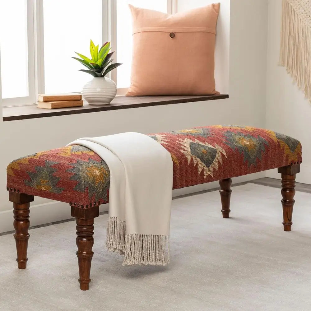 🌿🤍 Boho Upholstered Storage Bench – Rustic Accent Ottoman for Bedroom & Entryway