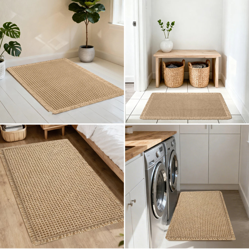 🛁🌿🤍 Boho Waffle Bath Mat – Ultra-Absorbent Non-Slip Bathroom Rug