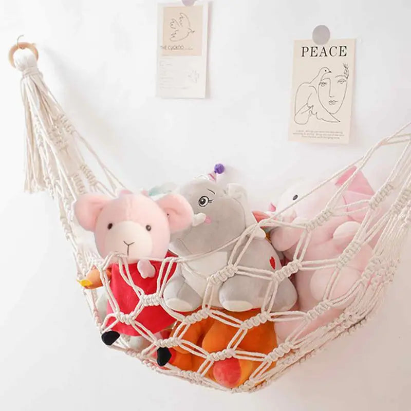 🌿🤍 Boho Macramé Toy Hammock – Hanging Stuffed Animal Storage Net