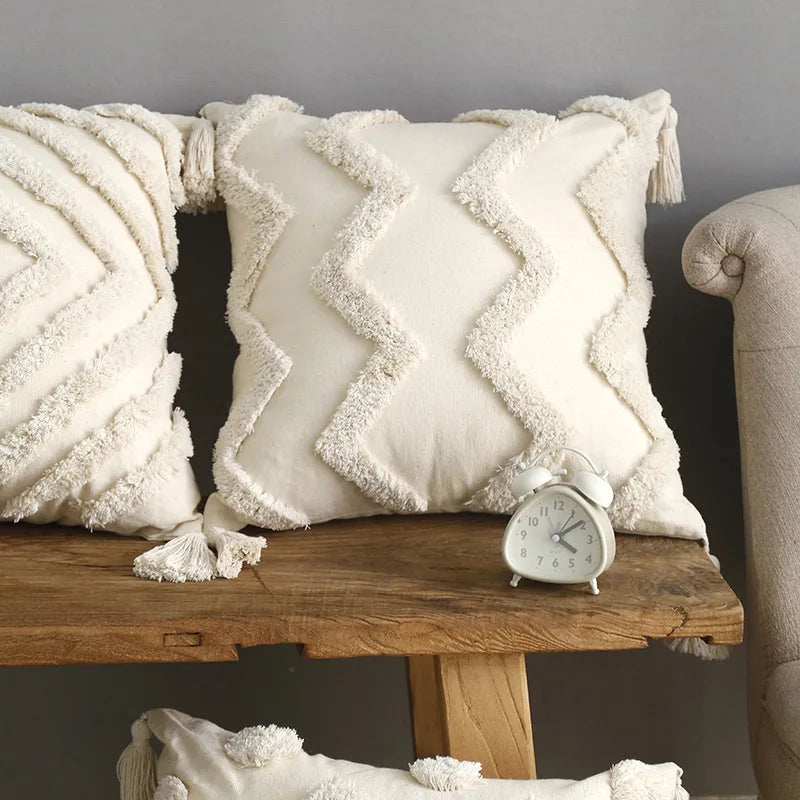 🌿🤍 Boho Tufted Lumbar Pillow Cover – Moroccan Embroidered Accent Cushion