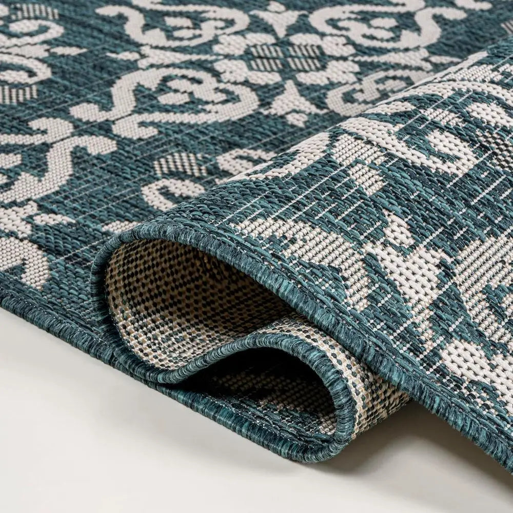 💙🌿 Mediterranean Tile Indoor/Outdoor Area Rug – Turquoise & Cream Patio Carpet