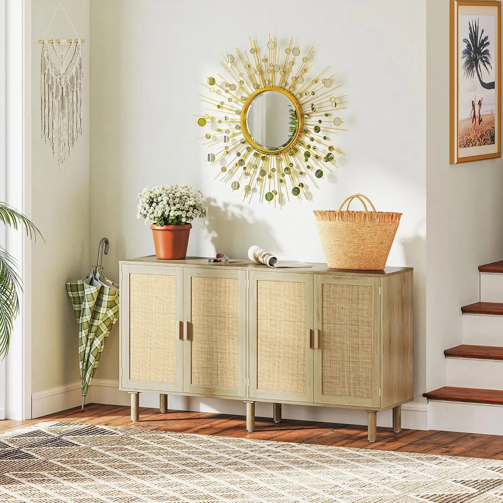 🌿🤍 Boho Rattan Sideboard Cabinet – Farmhouse Coffee Bar & Storage Console