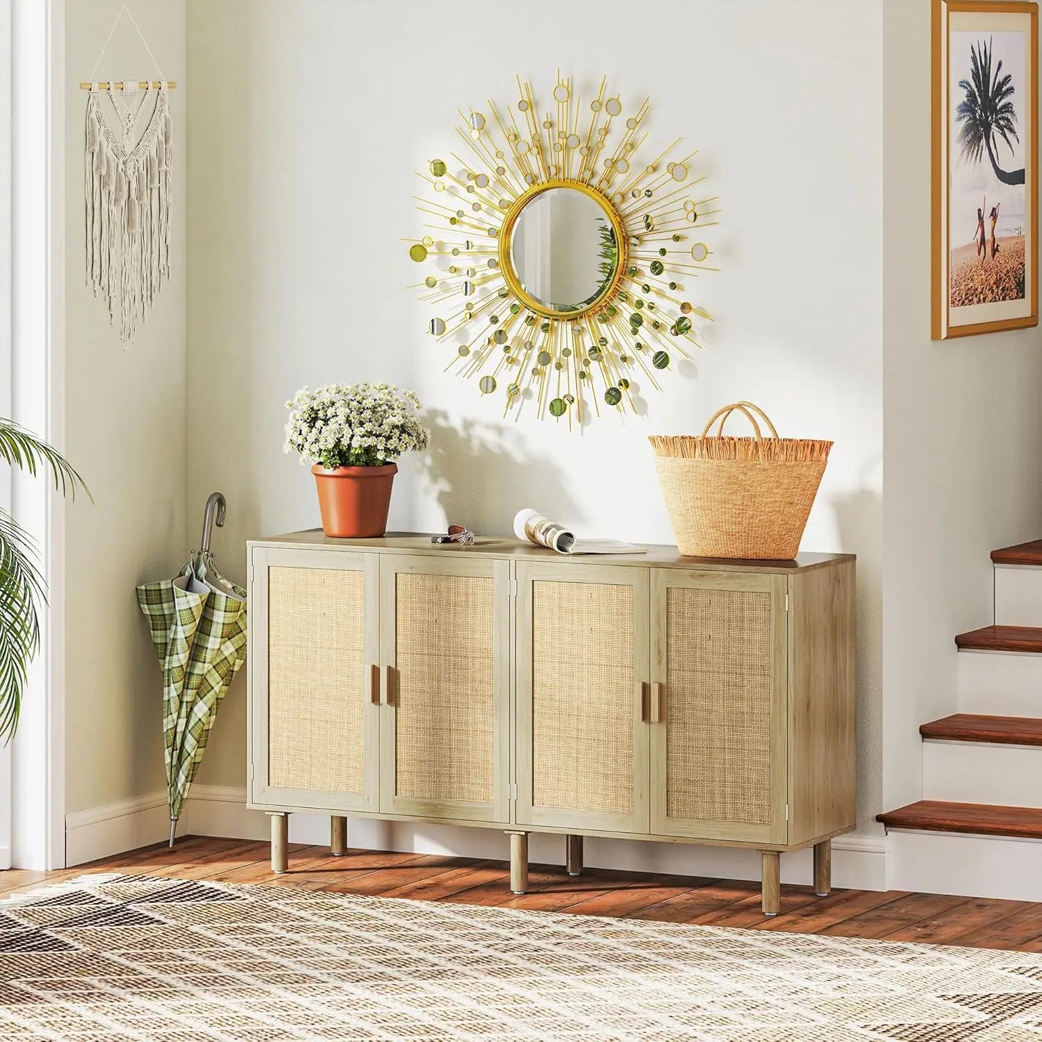 🌿🤍 Boho Rattan Sideboard Cabinet – Farmhouse Coffee Bar & Storage Console