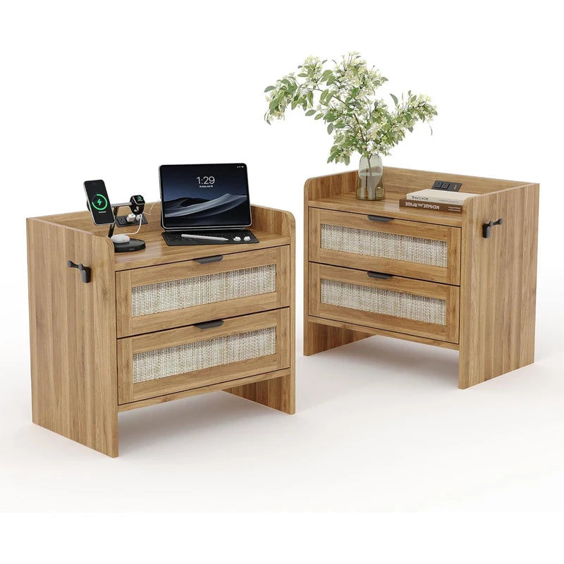 🌿🤍 Boho Rattan Nightstand Set with Charging Station – 2-Drawer Bedside Tables (Set of 2)