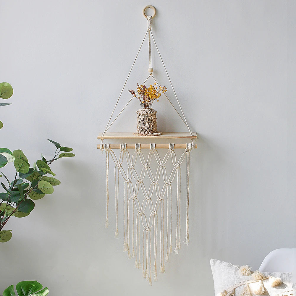 🌿🧺 Boho Macramé Floating Wall Shelf – Handwoven Wooden Hanging Display Shelf