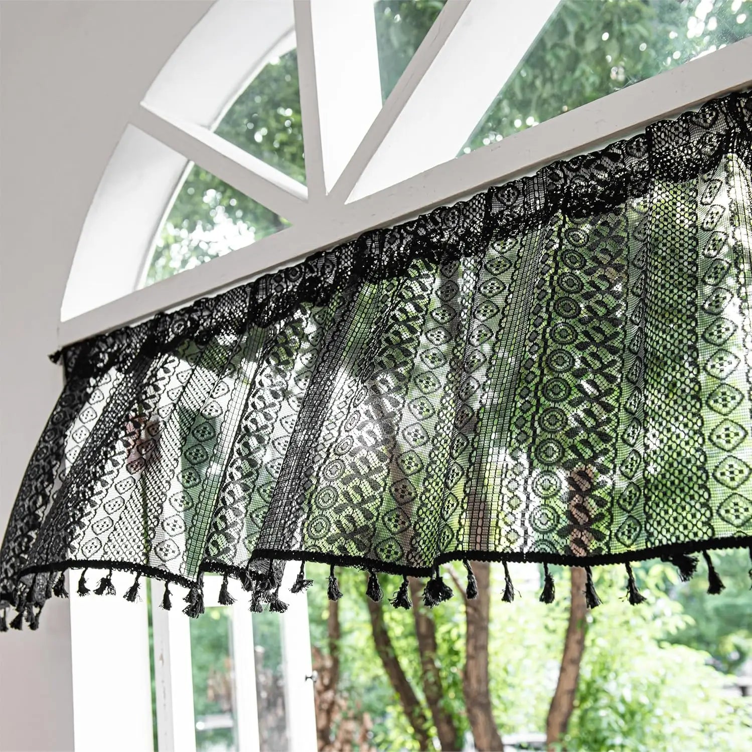 🌿🤍 Boho Lace Café Curtain – Tassel Short Window Curtain with Circular Pattern
