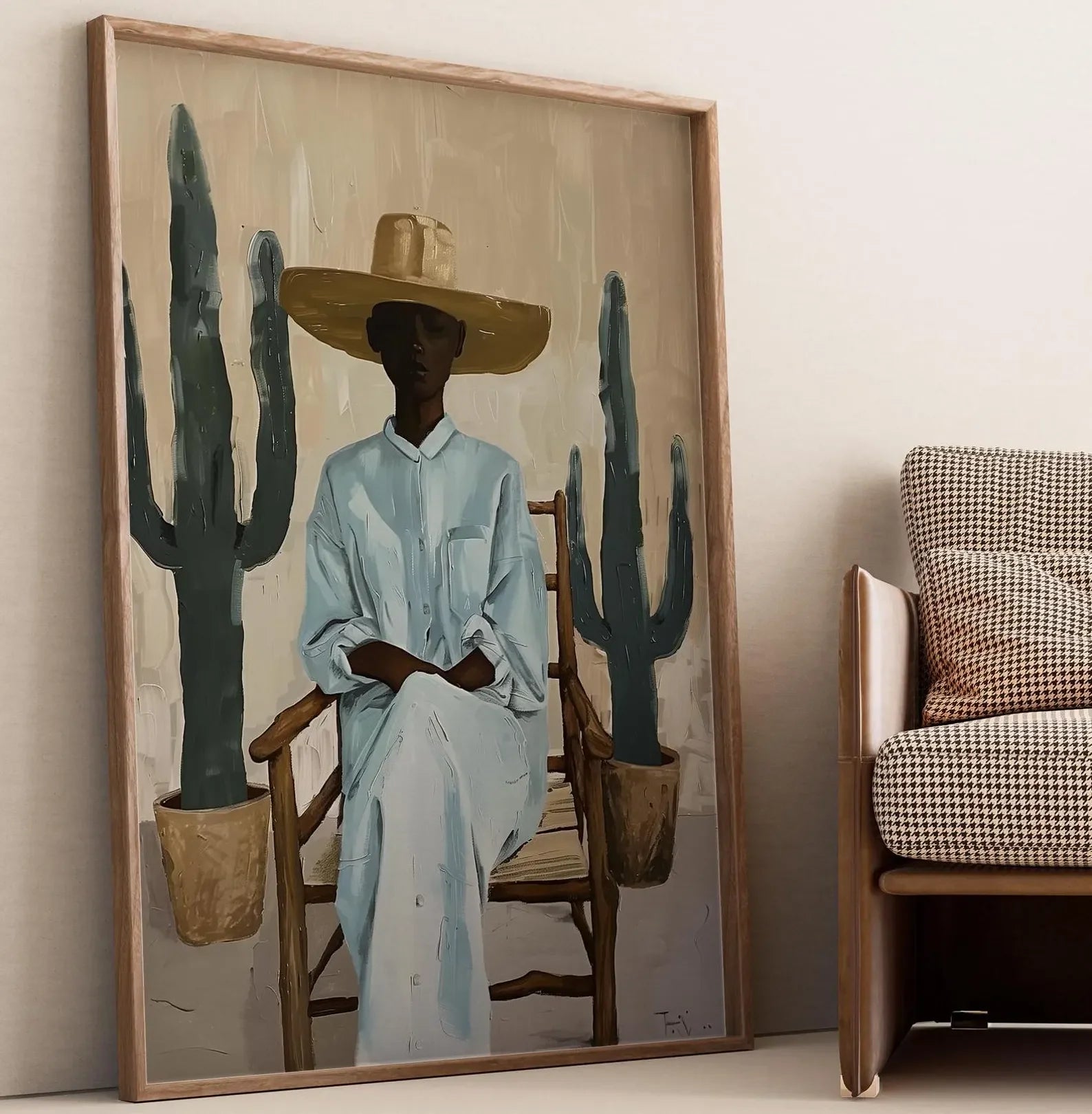 🌵🌞🤍 Boho Desert Woman Canvas Wall Art – Southwestern Cactus Print